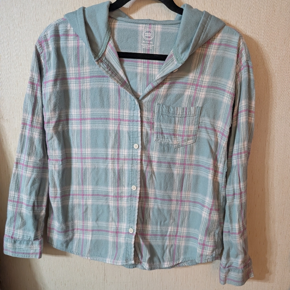 Wonder Nation Teal and Pink Plaid Shirt with Hood